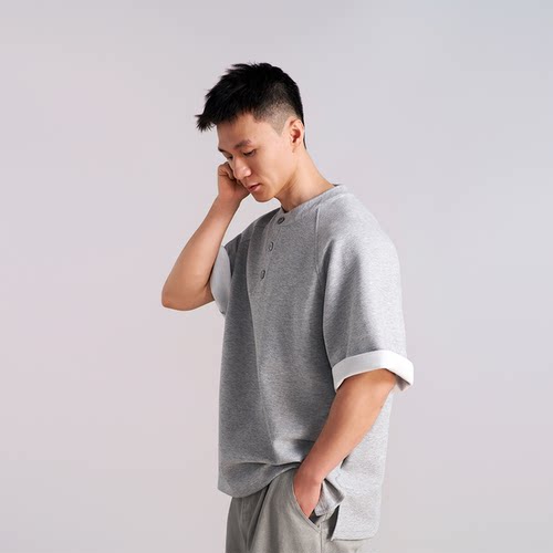 280G重磅长绒棉树纹肌理亨利领T恤 柔韧亲肤 双面布插肩短袖 3色