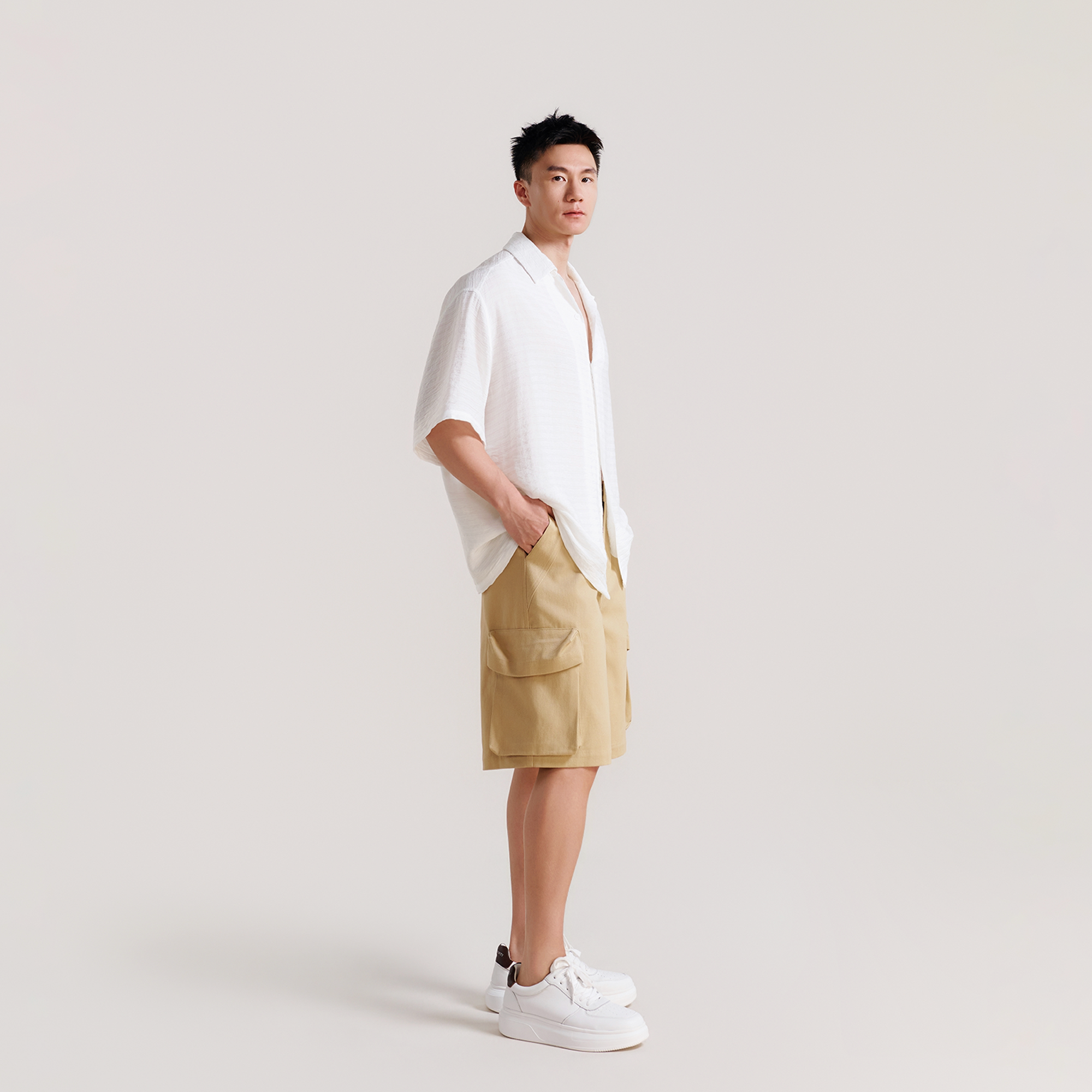 100%精梳棉多口袋工装短裤 375g骑兵斜纹肌理 半松紧腰直筒五分裤