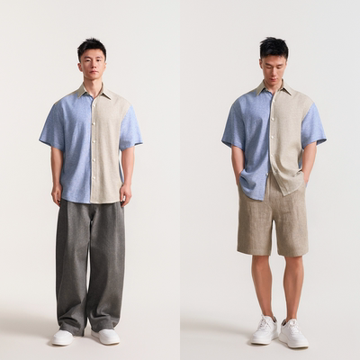 260g亚麻精梳棉翻领撞色拼接衬衫 明快清新雪花肌理 复古廓形短袖