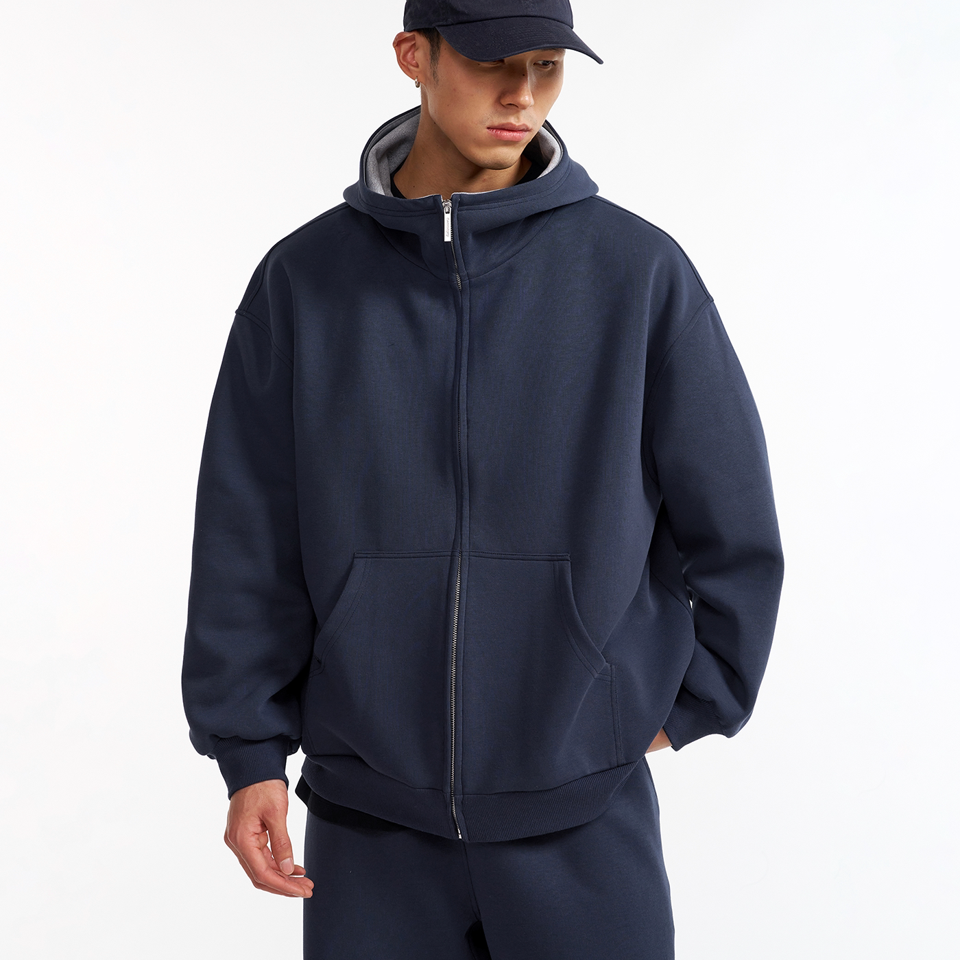 420G重磅撞色连帽拉链卫衣 精梳棉混纺挺括有型 男款廓形休闲外套