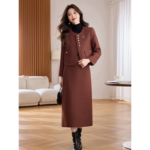 官网女装 轻奢高级感夹棉外套半 夏易菲小香风毛呢套裙女2025冬新款