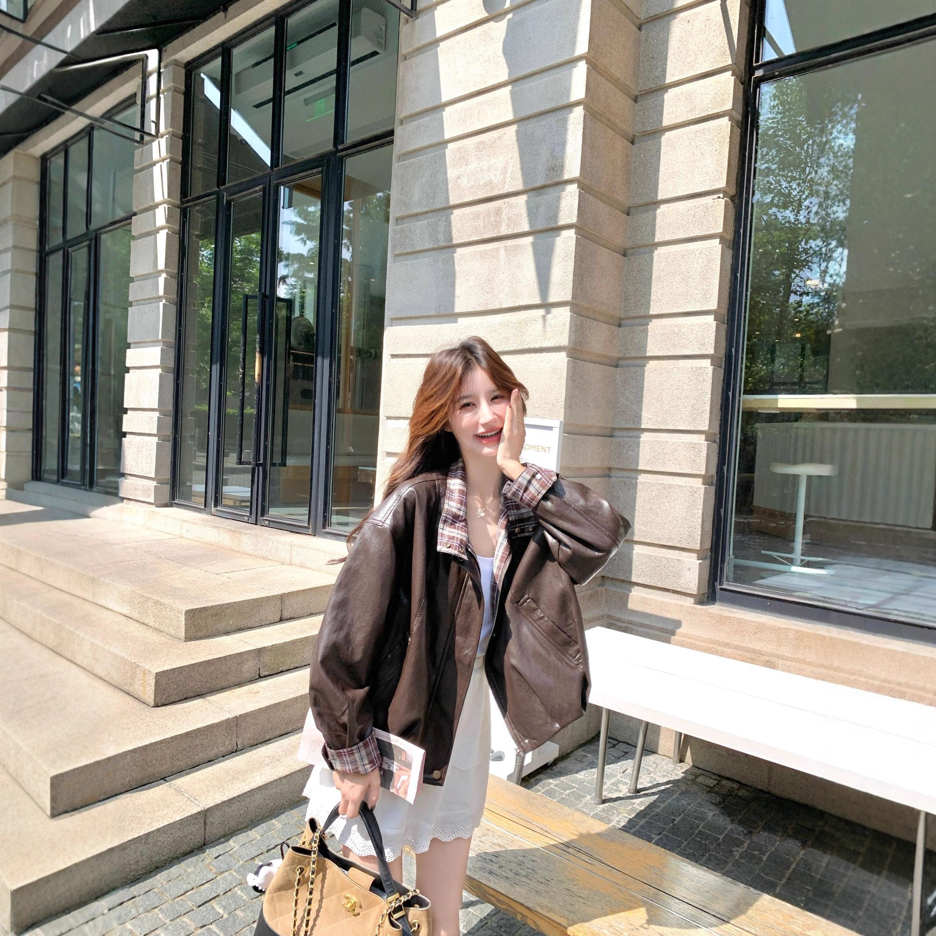 官网女装夏易菲实拍美式复古格子拼接立领皮衣外套2025秋新款宽松