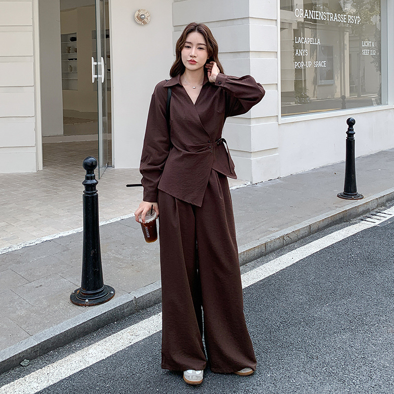 官网女装夏易菲实拍咖色温柔系显瘦polo领衬衫时尚套装2025秋款休