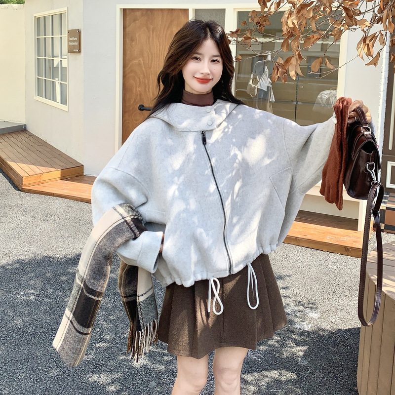 官网女装夏易菲实拍时髦抽绳双面呢羊毛连帽外套2025冬款小个子俏