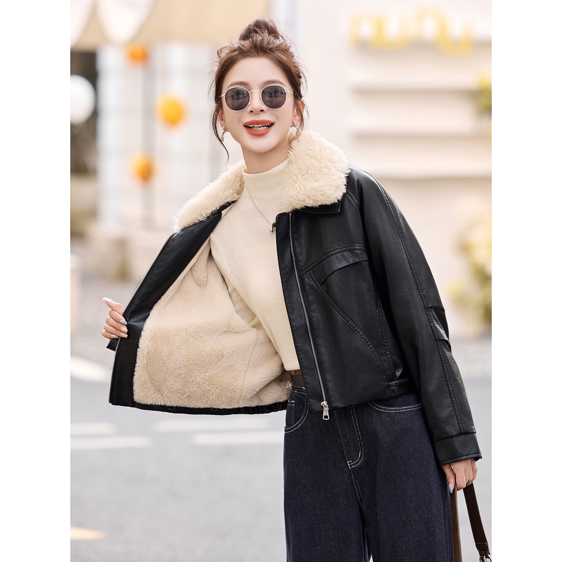 官网女装夏易菲设计感皮衣外套女2025秋冬新款短款小个子加绒毛领