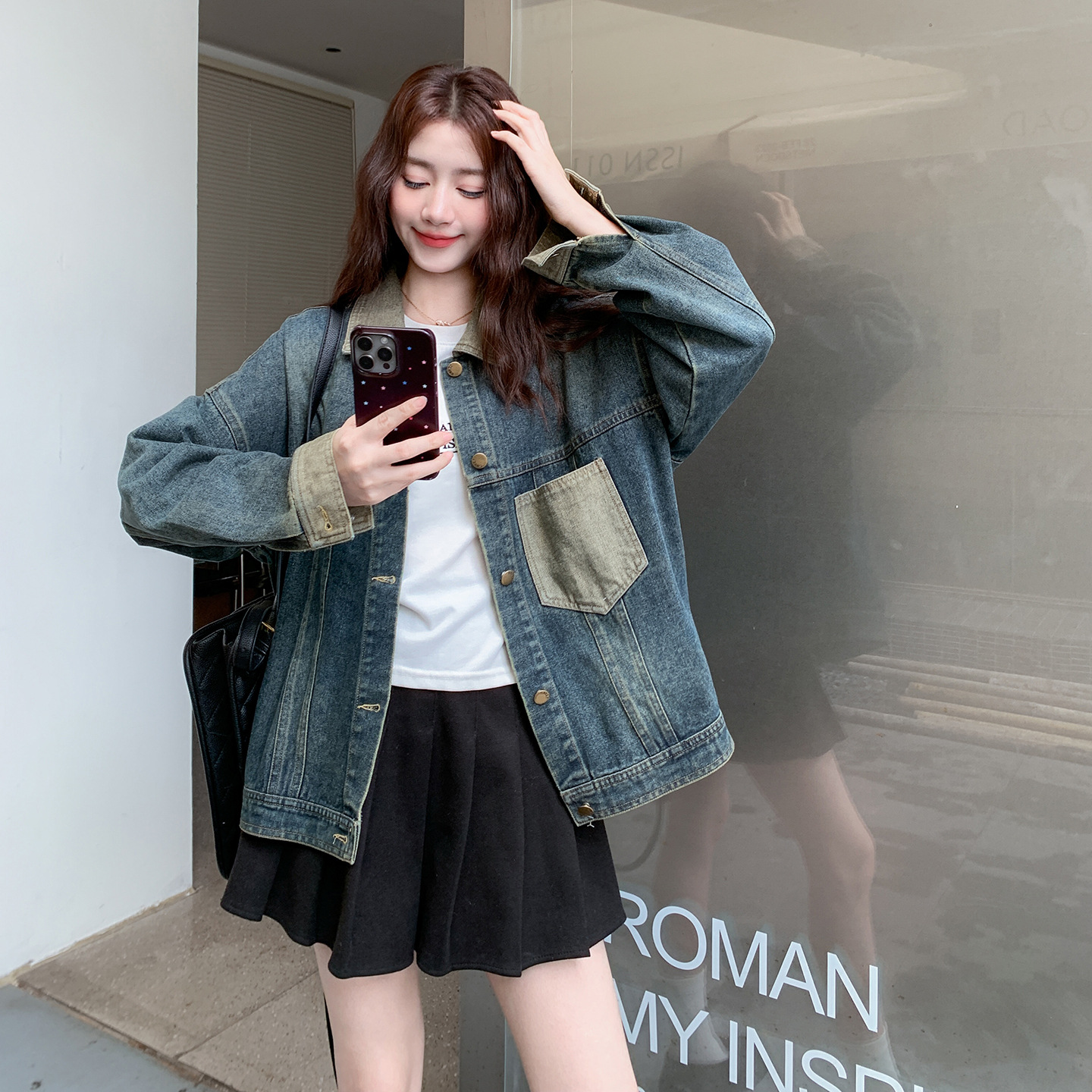 官网女装夏易菲实拍时尚蓝色撞色拼接牛仔衬衫外套2025秋款韩系气