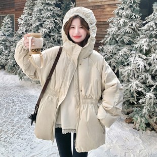 官网女装夏易菲米白色连帽短款羽绒服女2026冬季新款韩系休闲收腰