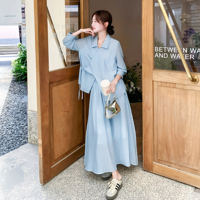 官网女装夏易菲实拍蓝色不规则衬衫套装裙2025秋新款减龄气质休闲