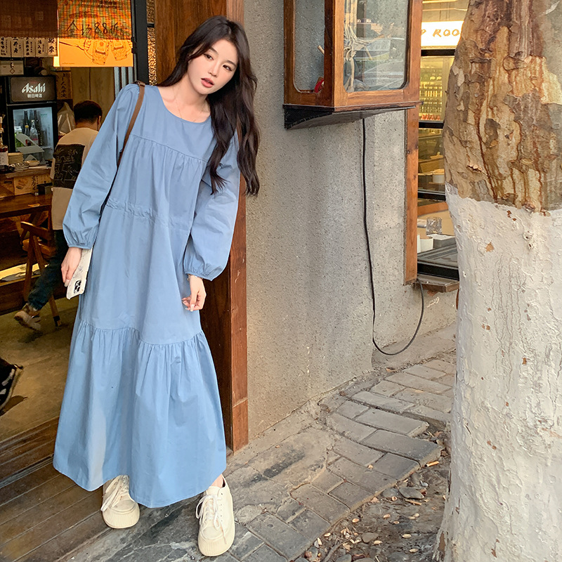 官网女装夏易菲蓝色收腰连衣裙女春秋2025新款设计感法式桔梗a字