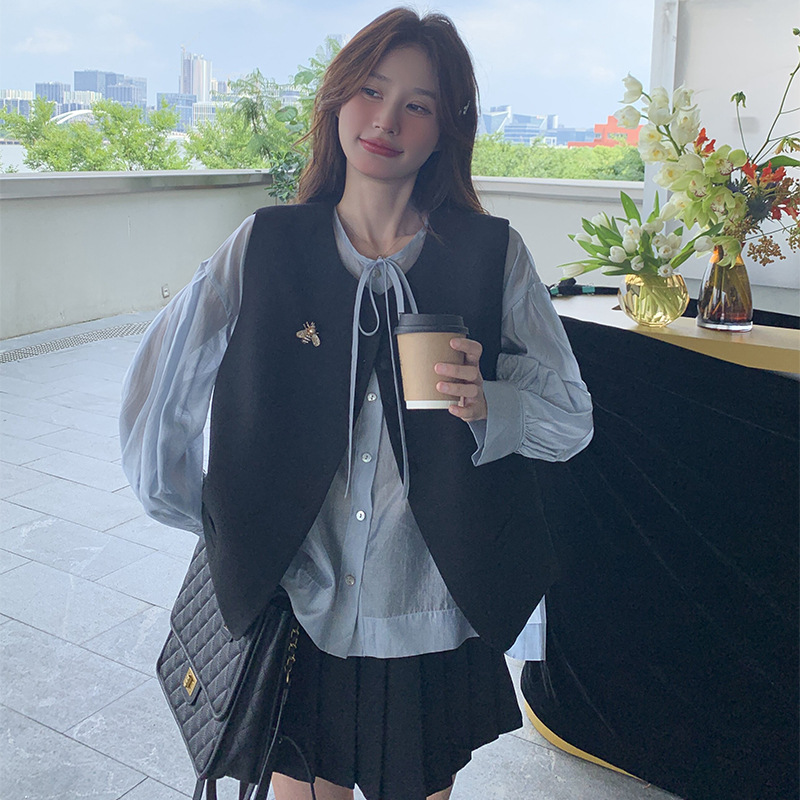官网女装夏易菲实拍俏皮氛围感学院风衬衫马甲套装裙2025新款小个