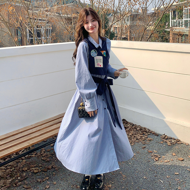 官网女装夏易菲实拍假两件拼接收腰衬衫连衣裙2025新款韩版撞色拼