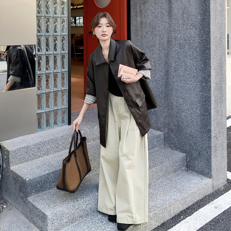 官网女装夏易菲实拍深咖色格子拼接美拉德皮衣外套2025秋款时尚百