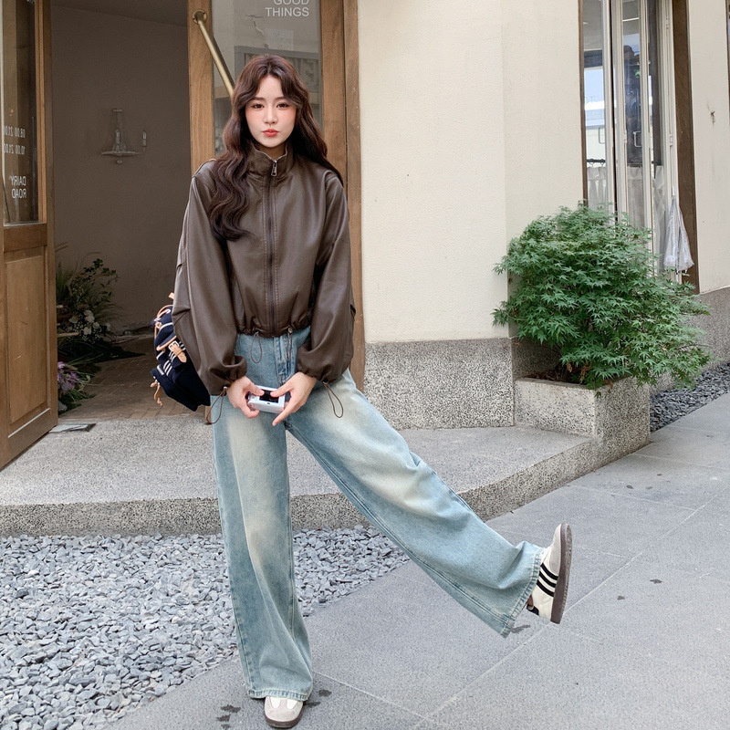 官网女装夏易菲实拍复古时尚抽绳咖色立领皮衣2025秋款美拉德小个