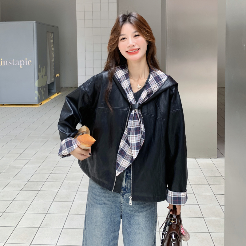 官网女装夏易菲实拍黑色短款皮衣外套2025秋季新款甜酷风时尚可拆