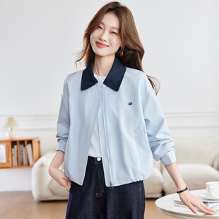 官网女装夏易菲撞色翻领外套女春秋2026新款超火减龄小个子夹克短