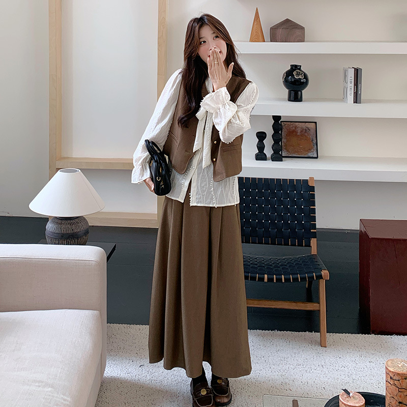 官网女装夏易菲实拍法式chic棕色马甲套装裙2025秋款蝴蝶结系带衬