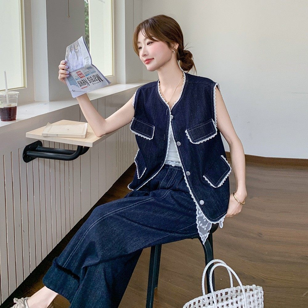 官网女装夏易菲港风设计感蕾丝拼接马甲套装女2026春夏感减龄阔腿,女装/女士精品,时尚套装,淘宝优惠券,粉丝福利购,淘宝优惠卷