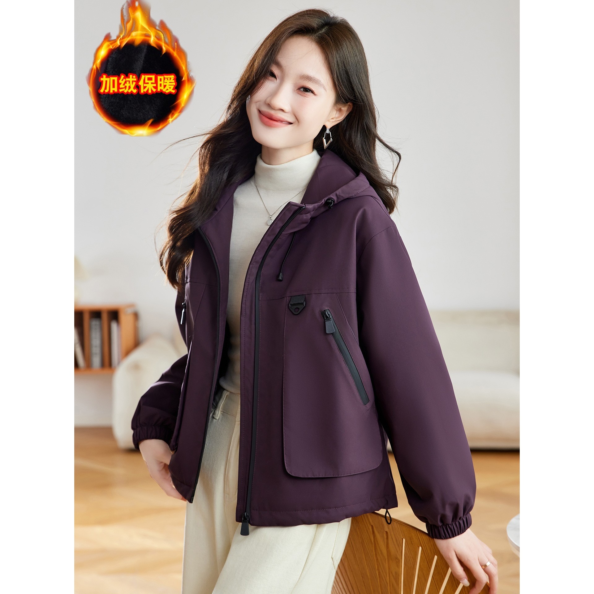 官网女装夏易菲2025秋冬季新款设计感宽松工装连帽加绒加厚保暖时