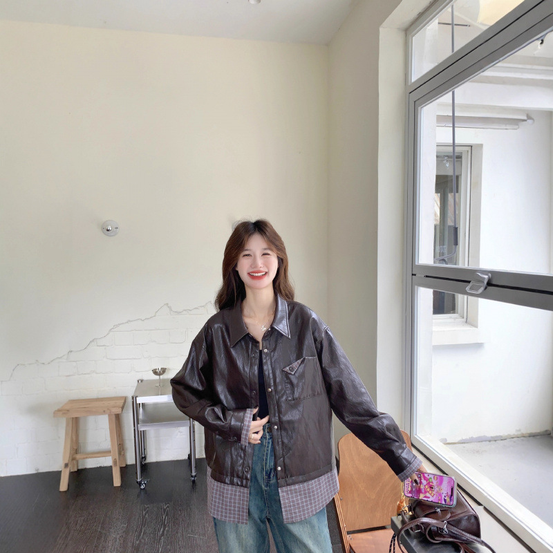 官网女装夏易菲实拍美拉德复古棕色格子拼接皮衣外套2025秋酷飒时