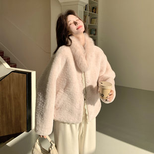 官网女装 夏易菲潜粉色皮毛一体毛毛外套女2026冬仿貂毛领千金风短