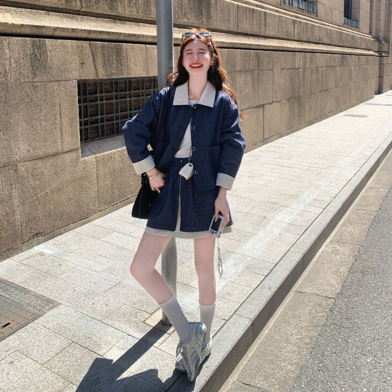 官网女装夏易菲实拍藏青学院风格纹衬衫套装裙2025秋款小个子减龄