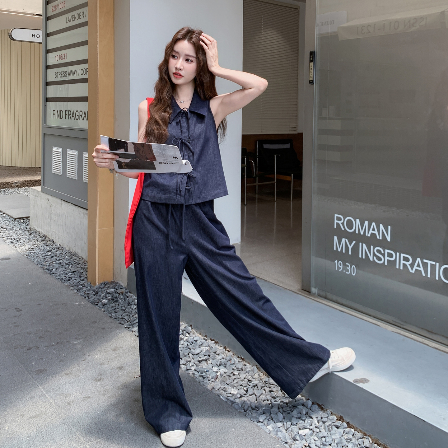 官网女装夏易菲实拍牛仔蝴蝶结衬衫阔腿裤套装2025新款复古减龄衬