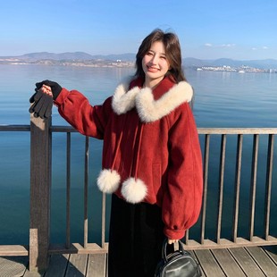 官网女装夏易菲新年红色狐狸毛领短款羽绒服女2026冬季巨好看设计