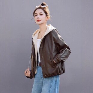 春秋小个子宽 2026新款 官网女装 夏易菲假两件连帽pu皮衣外套女短款
