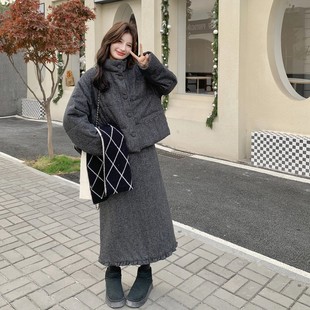 官网女装夏易菲灰色90羽绒服套装裙女2026冬装韩系穿搭一整套保暖