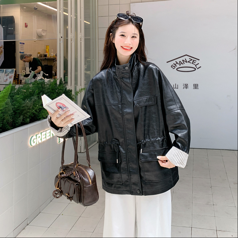 官网女装夏易菲实拍黑色时尚休闲pu皮衣外套2025秋新款韩系宽松收