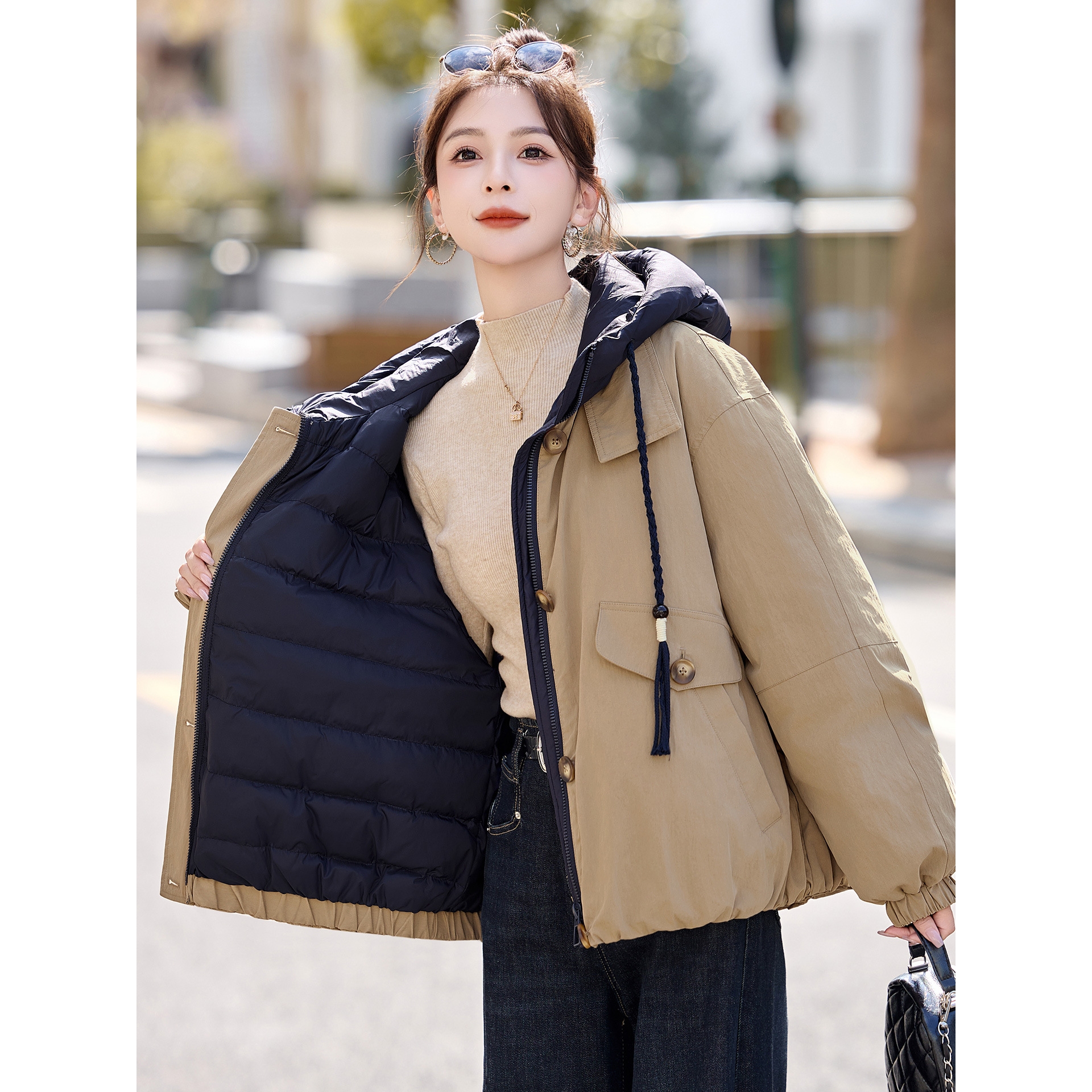 官网女装夏易菲女式羽绒服2025冬季新款宽松连帽90白鸭绒保暖羽绒