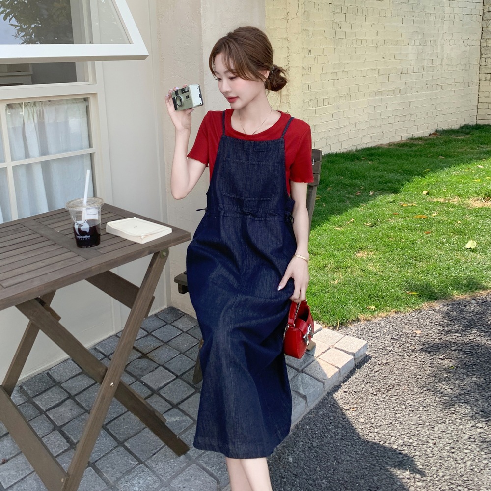 官网女装夏易菲实拍深蓝色复古风牛仔吊带裙套装2025新款小个子短