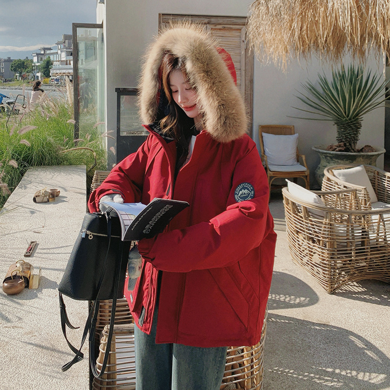 官网女装夏易菲实拍安可拉红连帽大毛领羽绒服2025冬款工装加厚保