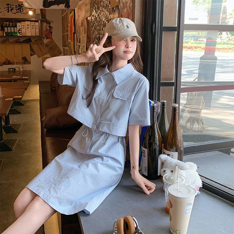 官网女装夏易菲蓝色假两件工装连衣裙女2025夏季韩系设计感小个子