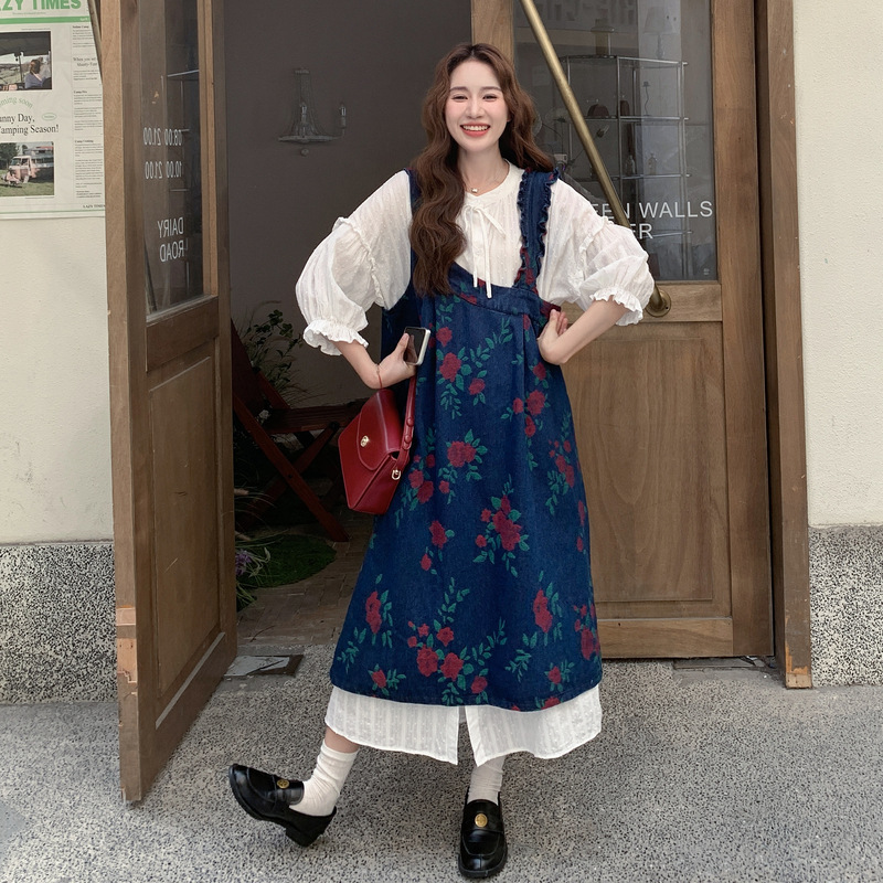 官网女装夏易菲实拍蓝色印花小香风背带裙套装2025秋款时尚花边法