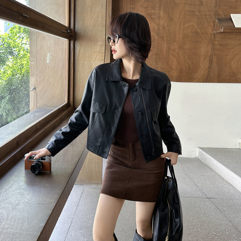 官网女装夏易菲实拍咖色时尚减龄气质皮衣外套2025秋新款美式复古