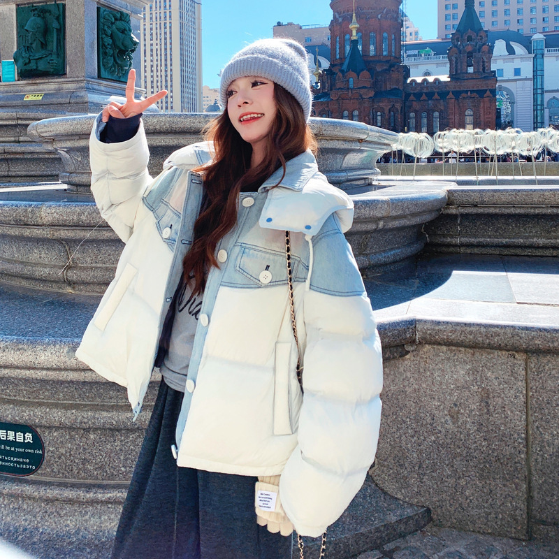 官网女装夏易菲实拍韩系连帽牛仔拼接羽绒服2025新款时尚加厚白鸭