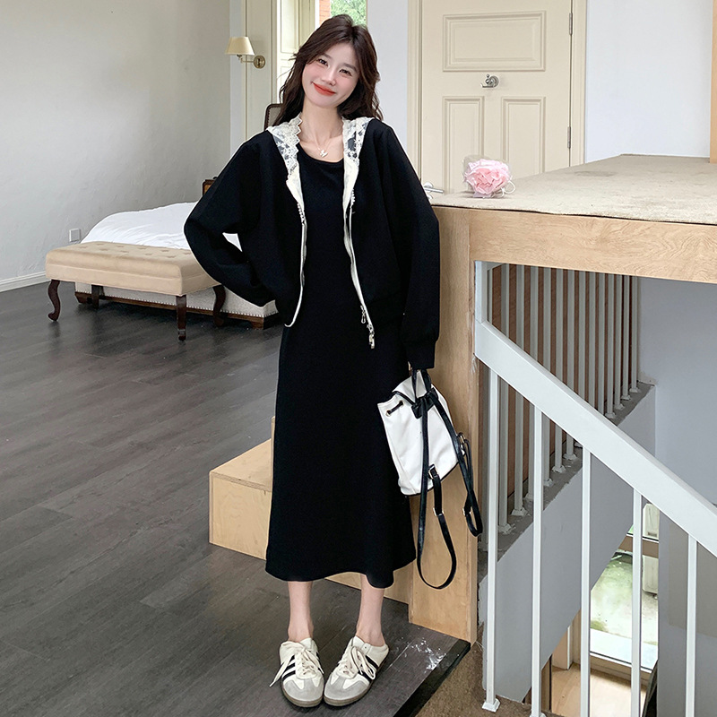 官网女装夏易菲实拍撞色蕾丝休闲连帽卫衣半裙套装2025新款甜美背