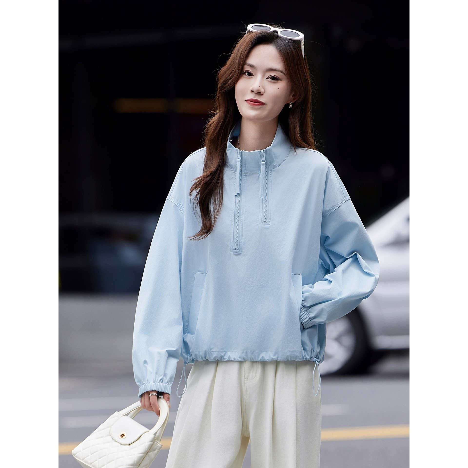官网女装夏易菲韩系双拉链连帽外套2026初秋新款软壳冲锋衣女宽松,女装/女士精品,时尚防晒服,淘宝优惠券,粉丝福利购,淘宝优惠卷