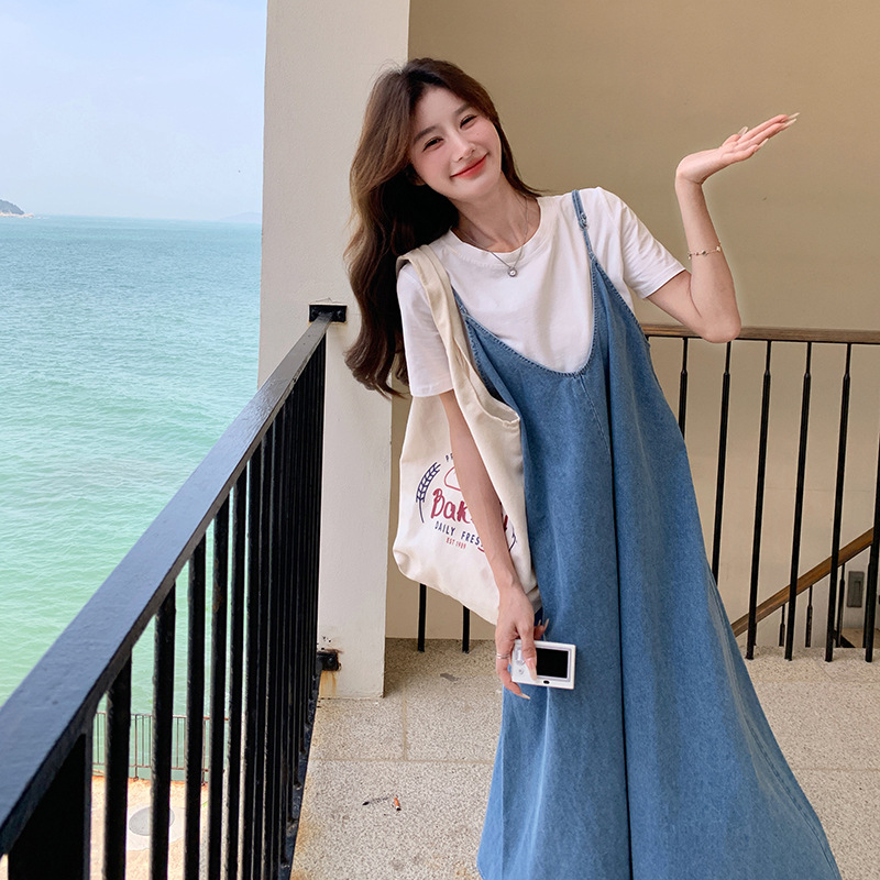 官网女装夏易菲实拍复古牛仔吊带连衣裙2025新款可盐可甜少女感V