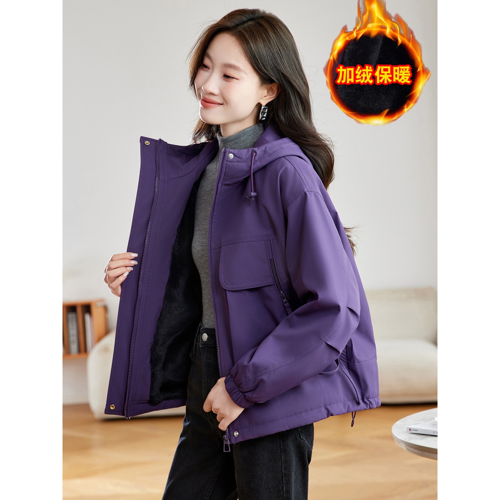 官网女装夏易菲2025秋冬季新款设计感宽松工装连帽加绒加厚保暖时