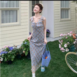 官网女装 复古风俏皮减龄感纯 夏易菲格纹甜美连衣裙女2025夏季 新款