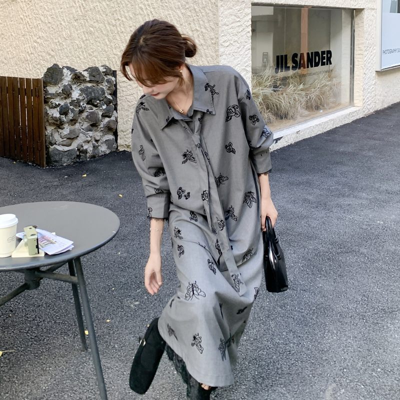 官网女装夏易菲实拍灰色领结刺绣小香风套装裙2025秋款冷淡系衬衫