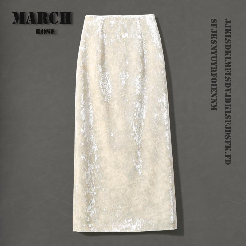 March rose/高腰显瘦西装半身裙子女秋冬季 丝绒中长款包臀a字裙