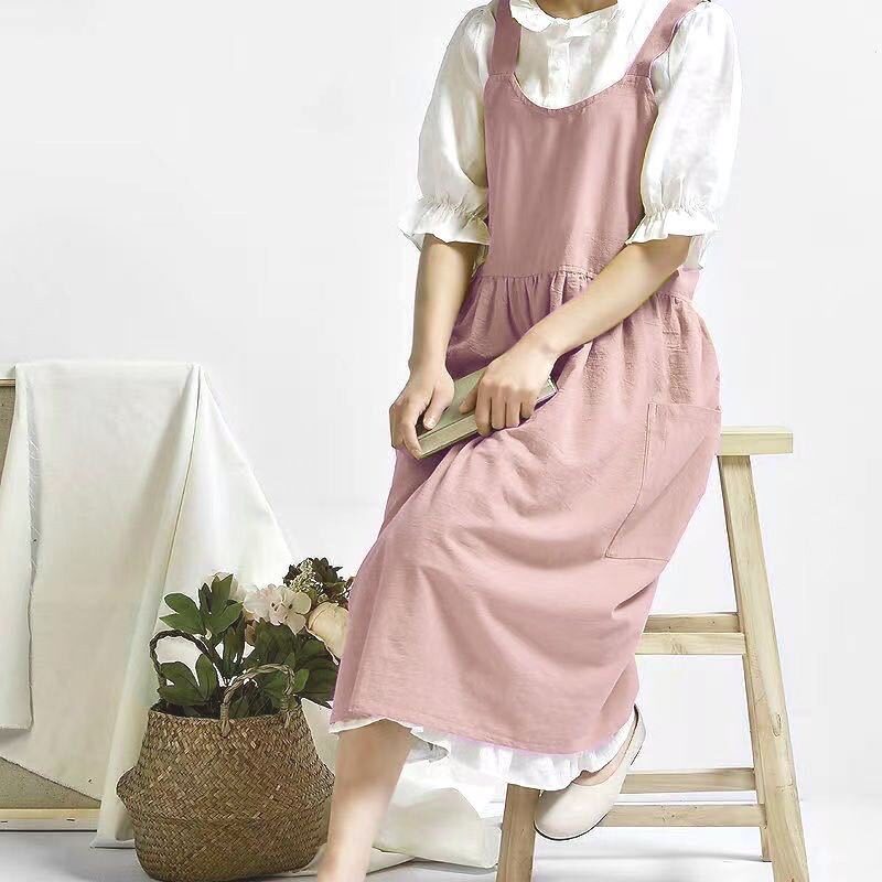 跨境围裙韩版棉麻宽松款口袋印制logo面点花艺美术背带工作服围裙