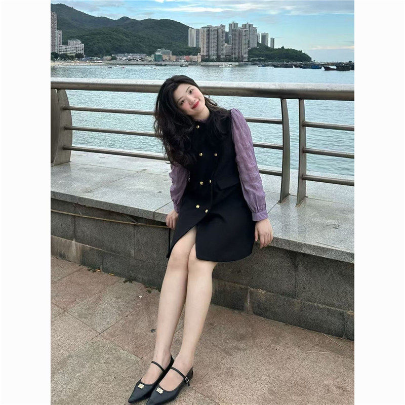 胖mm大码法式小香风黑紫拼接连时尚套装