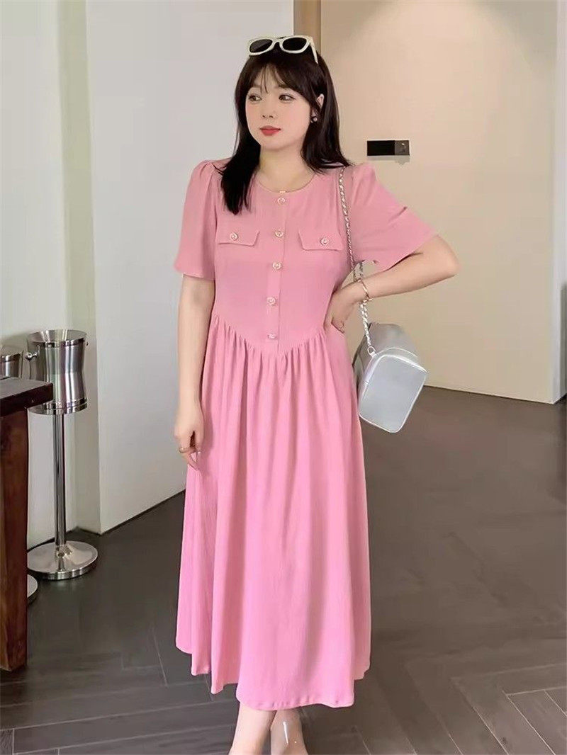 法式褶皱肌理感清新甜美新款大码女装胖mm遮肚子显瘦高腰连衣裙夏