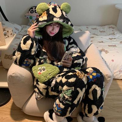 。可爱布丁狗睡衣女秋冬季加绒加厚三层夹棉珊瑚绒冬天小个子家居