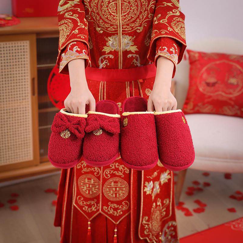 。红色拖鞋结婚一对冬季喜庆新婚礼新娘陪嫁高级轻奢晨袍棉拖鞋婚