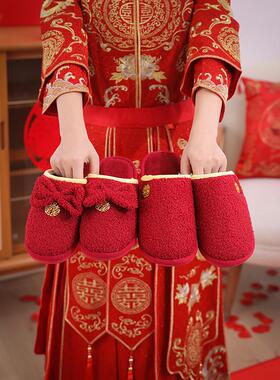 。红色拖鞋结婚一对冬季喜庆新婚礼新娘陪嫁高级轻奢晨袍棉拖鞋婚